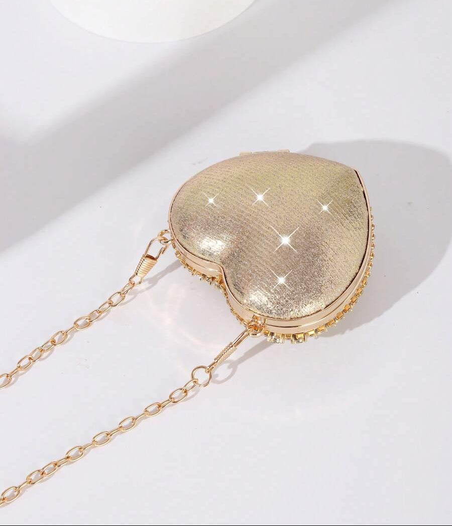 Shiny Mini Heart Golden Diamond Clutch Bag, Crossbody Bag Suitable For Evenings, Parties, Weddings, Fashion Shoulder Bag