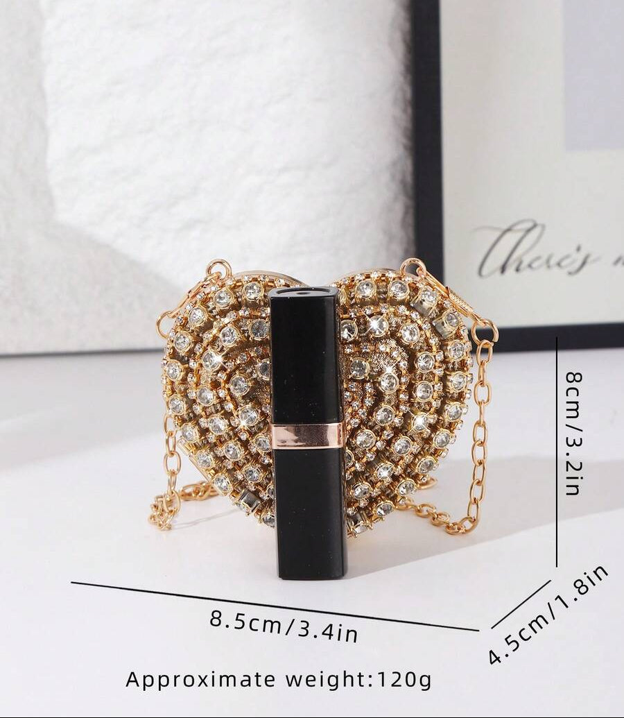 Shiny Mini Heart Golden Diamond Clutch Bag, Crossbody Bag Suitable For Evenings, Parties, Weddings, Fashion Shoulder Bag