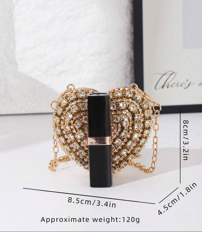 Shiny Mini Heart Golden Diamond Clutch Bag, Crossbody Bag Suitable For Evenings, Parties, Weddings, Fashion Shoulder Bag