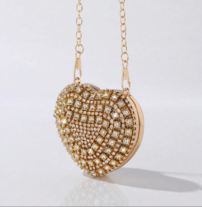 Shiny Mini Heart Golden Diamond Clutch Bag, Crossbody Bag Suitable For Evenings, Parties, Weddings, Fashion Shoulder Bag