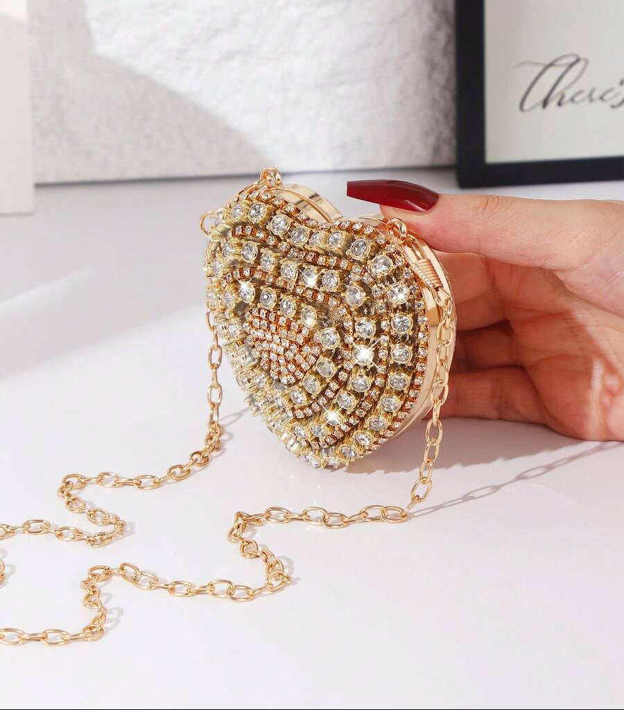 Shiny Mini Heart Golden Diamond Clutch Bag, Crossbody Bag Suitable For Evenings, Parties, Weddings, Fashion Shoulder Bag