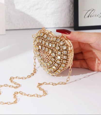 Shiny Mini Heart Golden Diamond Clutch Bag, Crossbody Bag Suitable For Evenings, Parties, Weddings, Fashion Shoulder Bag