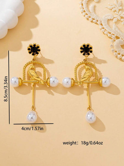 High-End Pearl Bird Cage Dangle Earrings.
