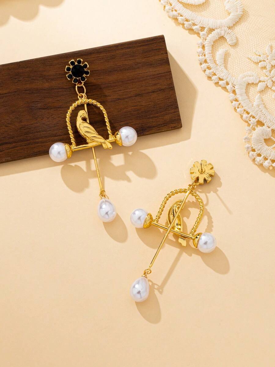 High-End Pearl Bird Cage Dangle Earrings.