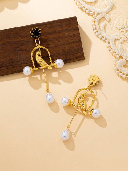 High-End Pearl Bird Cage Dangle Earrings.