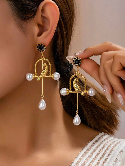 High-End Pearl Bird Cage Dangle Earrings.