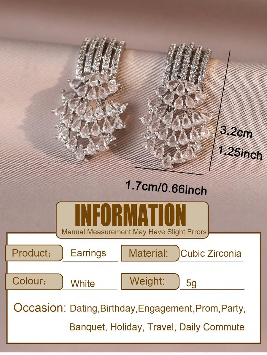 Teardrop Tassel Cubic Zirconia Hafl Round Stud Earrings, Elegant Sparkling Jewelry