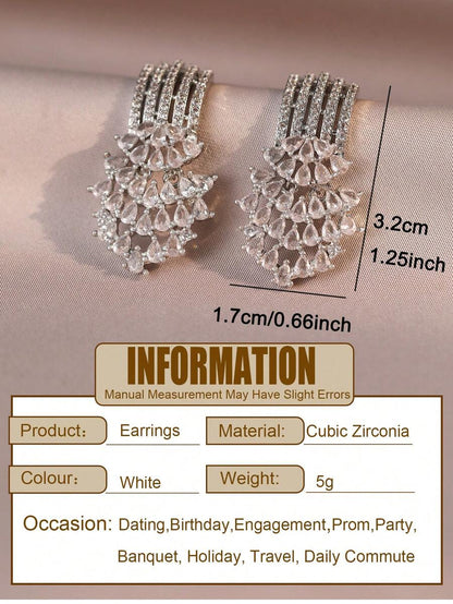 Teardrop Tassel Cubic Zirconia Hafl Round Stud Earrings, Elegant Sparkling Jewelry