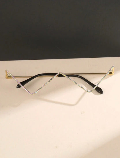 Metal Frame Decorative Hollow Shape, Rhinestone Inlay Shiny Eyeglasses Without Lens