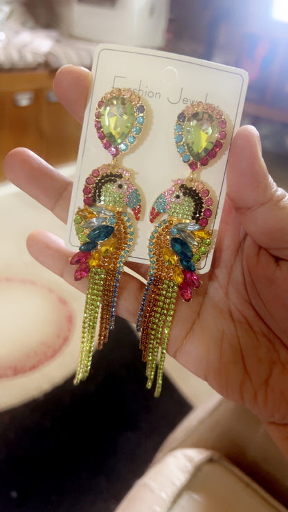 Colorful Rhinestone Studded Long Parrot Earrings