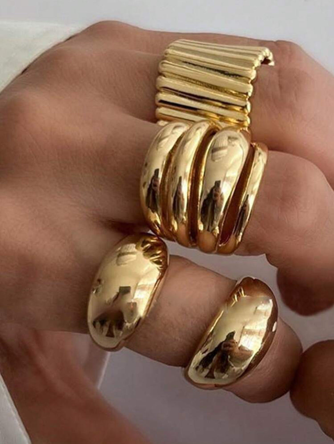 8pcs Set Exaggerated Chunky Asymmetrical Hollow Smooth Wide Golden Band Finger Ring