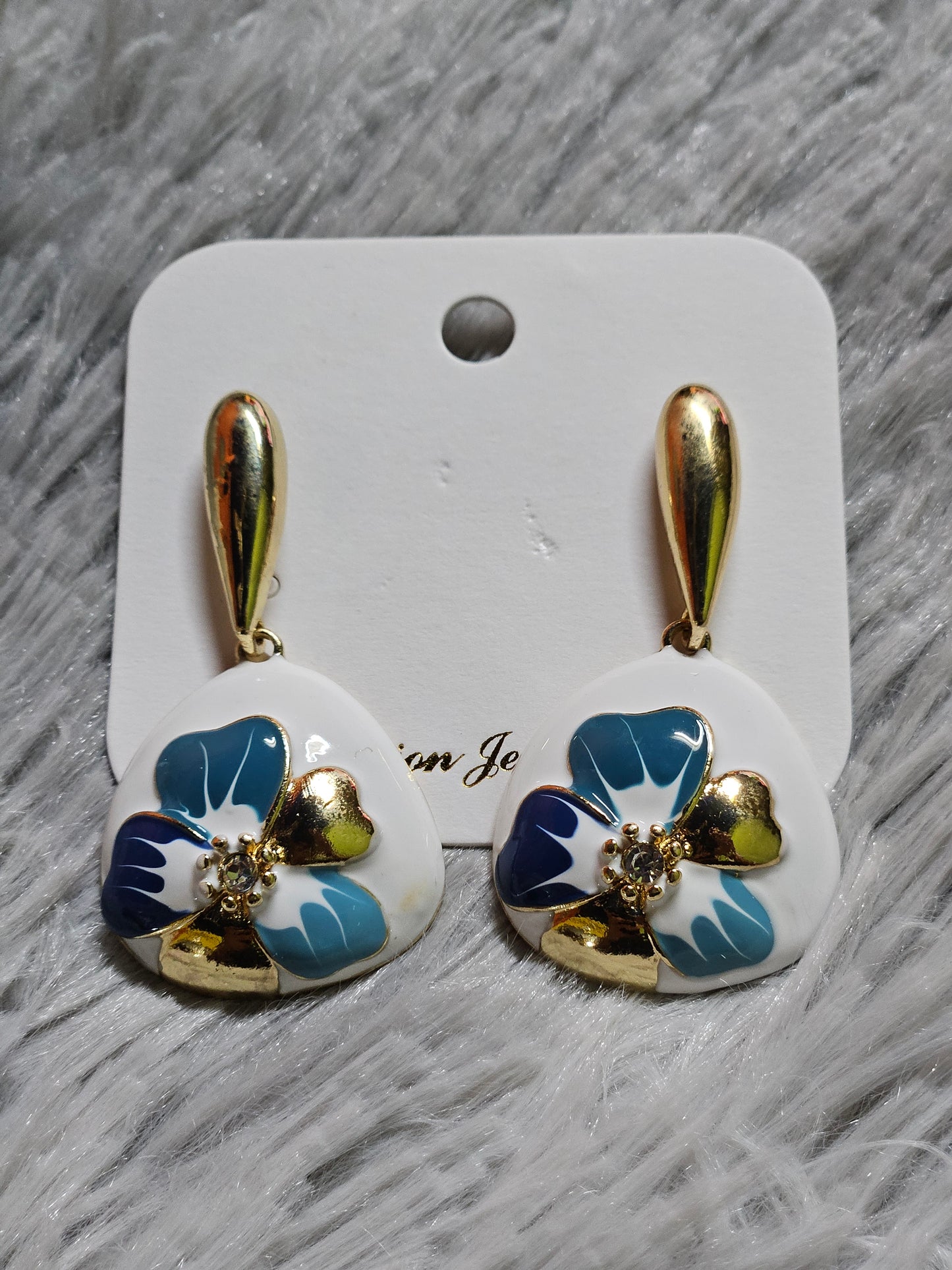 Blue Floral Drop Earrings – Enamel & Gold Detail
