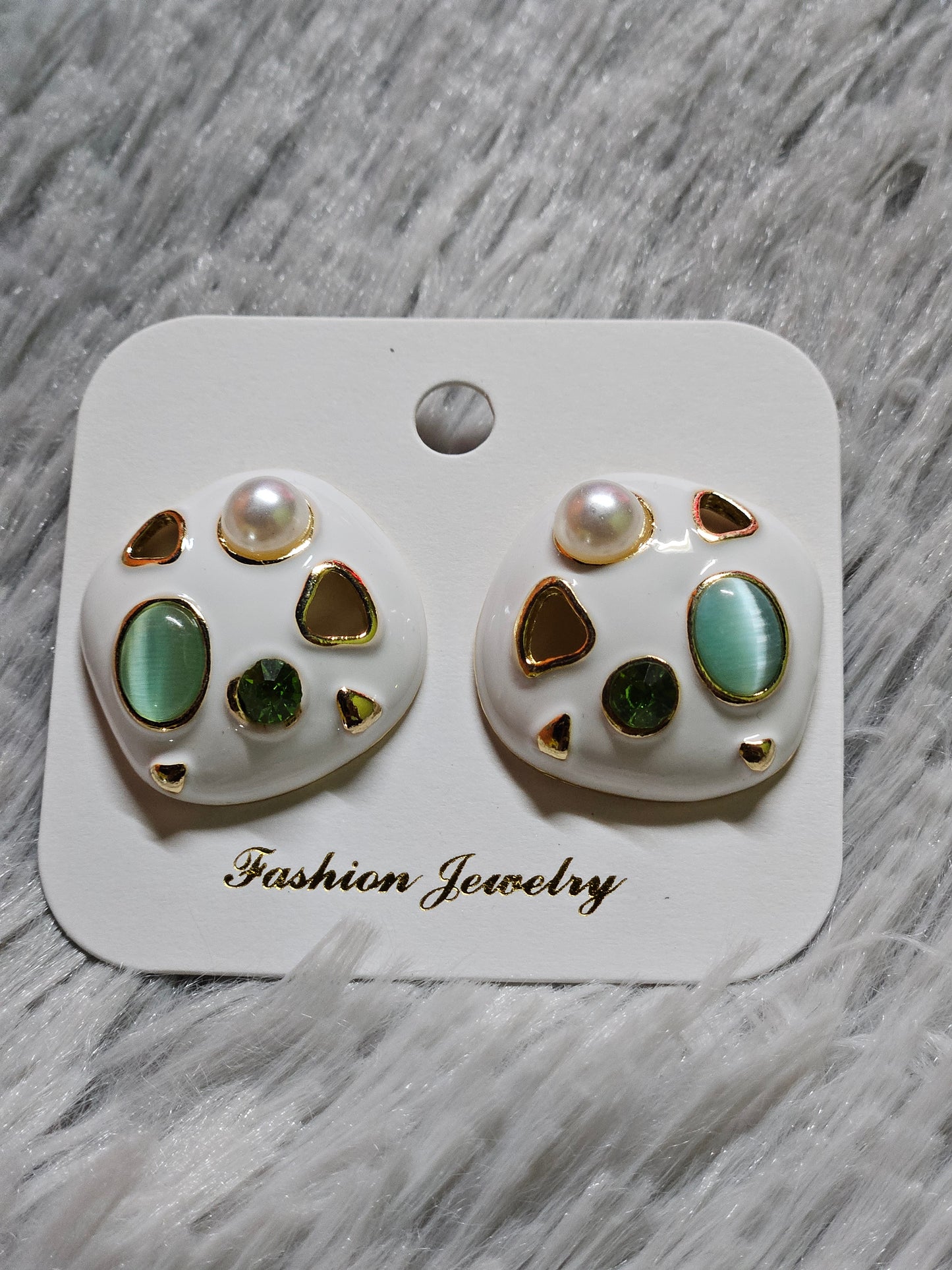 Abstract Enamel Earrings with Pearl & Green Gem