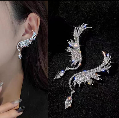 Wing Shaped Ear Cuff & Stud Earrings 2 Way Design, Rhinestone Paved, Silver Plating For Daily Wear For Women