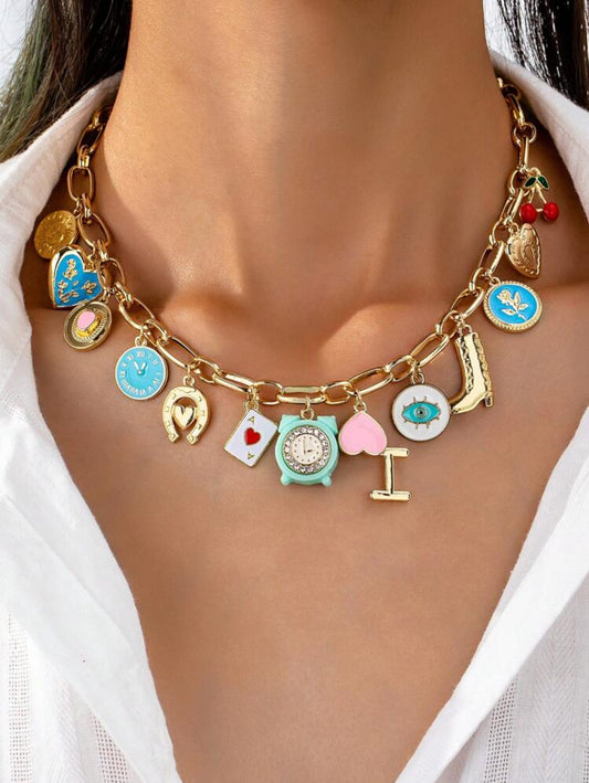 Enameled Cherry Heart Multiple Charms Necklace
