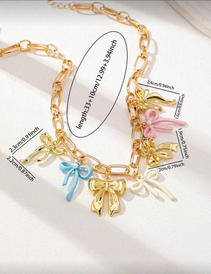 Colorful Bow Charm Necklace , American European Multi Charms Necklaces Jewelry , Collarbone Chain Necklaces With Bows Pendant , Fashionable Jewelry For Daily Wear