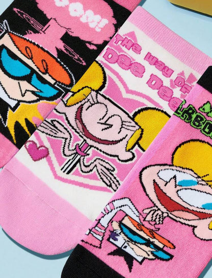 Dexter's Laboratory 3 Pairs Breathable Anti-Slip Cartoon Pattern Short Socks, Reinforced Heel, All Season Wear