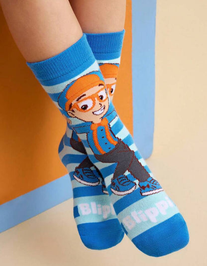 Blippi 4 Pairs Cotton Soft & Breathable Moisture-Wicking Kids Mid-Calf Socks Colorful Cute Cartoon Striped Pattern