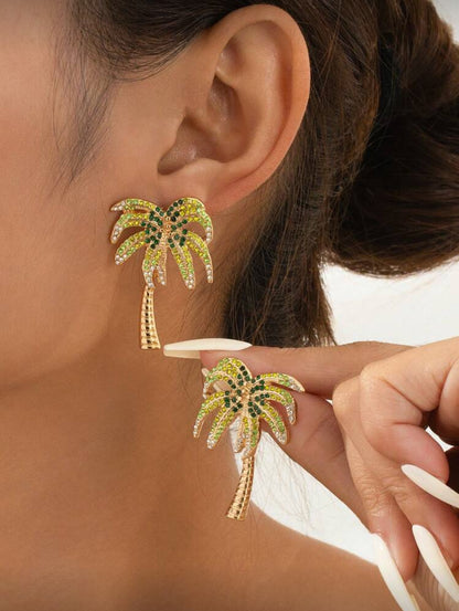 Creative Colorful Metal Rhinestone Palm Tree Style Earrings For Women, Suitable For Vacation