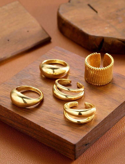8pcs Set Exaggerated Chunky Asymmetrical Hollow Smooth Wide Golden Band Finger Ring