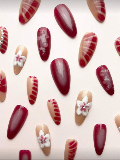 24Pcs/Set Almond Shaped Sweet Floral 3D Water Drop Pattern Full Cover Press-On Fake Nails 1Pc Jelly Gel & 1Pc Nail File Set, Nails