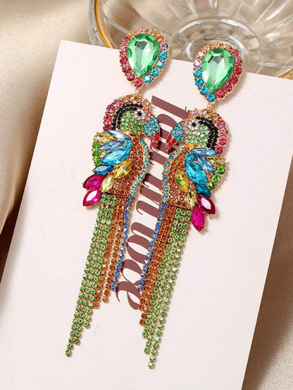 Colorful Rhinestone Studded Long Parrot Earrings