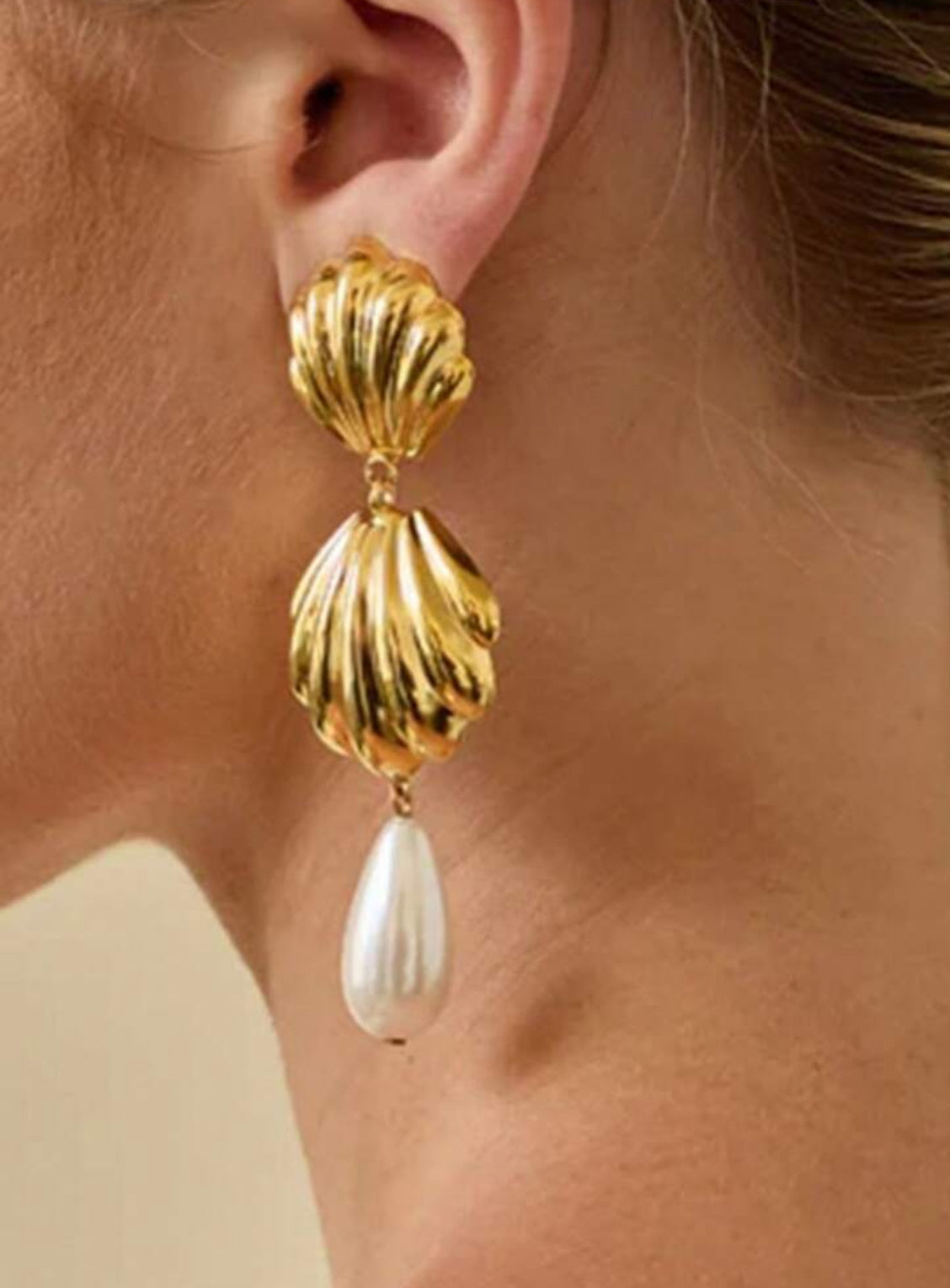 Vacation Fan Earrings, Shell Element Alloy Faux Pearl Water Droplet Pendant Earrings