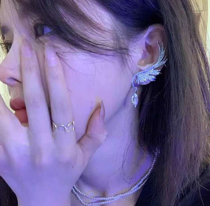 Wing Shaped Ear Cuff & Stud Earrings 2 Way Design, Rhinestone Paved, Silver Plating For Daily Wear For Women