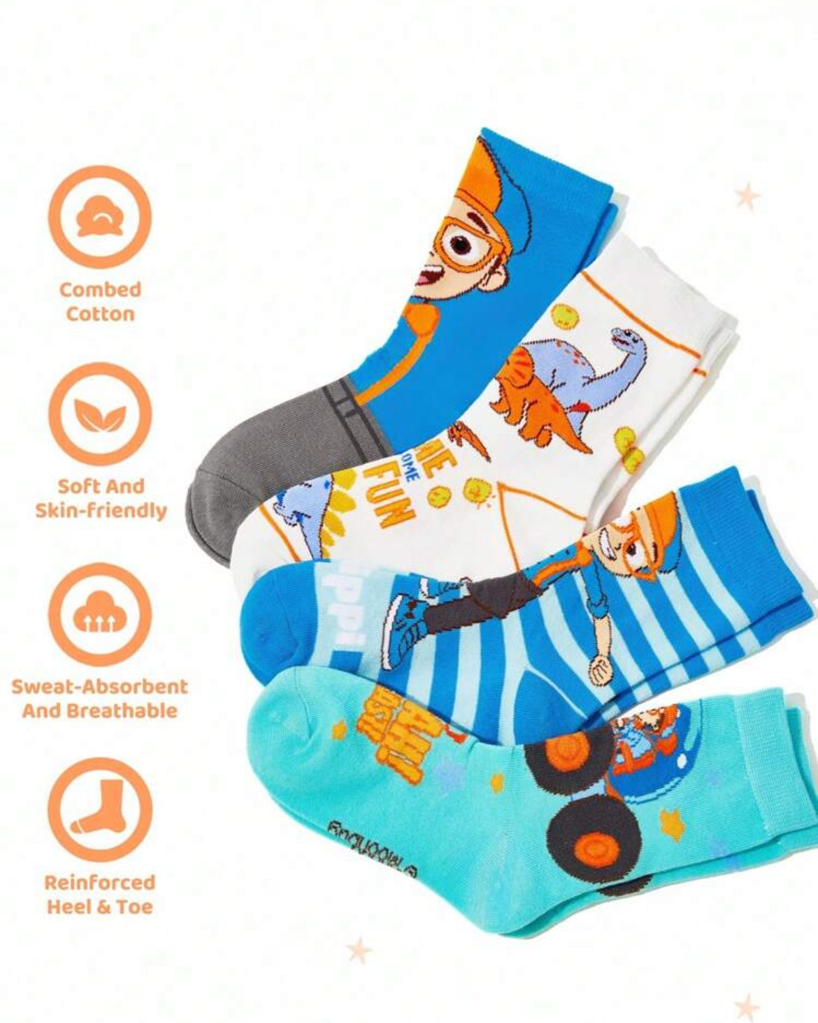 Blippi 4 Pairs Cotton Soft & Breathable Moisture-Wicking Kids Mid-Calf Socks Colorful Cute Cartoon Striped Pattern