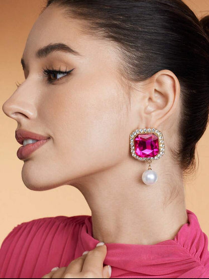 Claw Chain Square Alloy Cubic Zirconia & Faux Pearl Drop Earrings