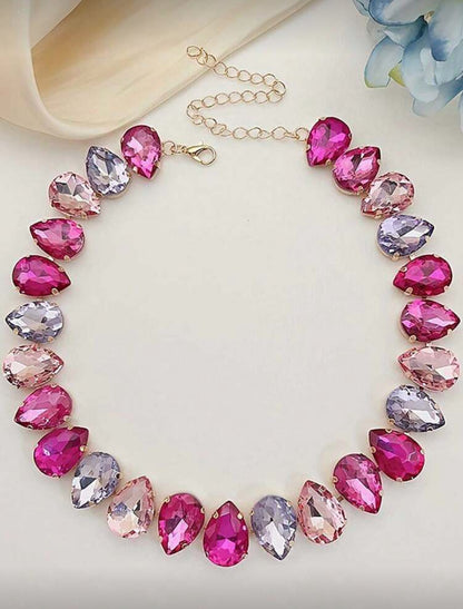 Bohemian Style Glamorous Colorful Crystal Heart & Teardrop Pendant Necklace, Gold Jewelry For Women