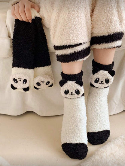 Cozy Plain Solid Color Warmly Soft Fuzzy With Panda Label Stitching On Top Comfort Fluffy Anklet Crew Long Socks