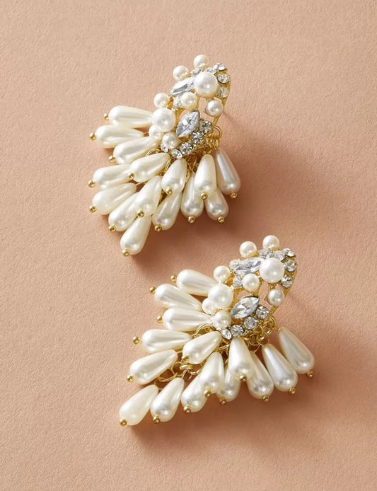 1 Pair Elegant Layered Geometric Pearl & Rhinestone Earrings, Suitable For Women's Daily Wear