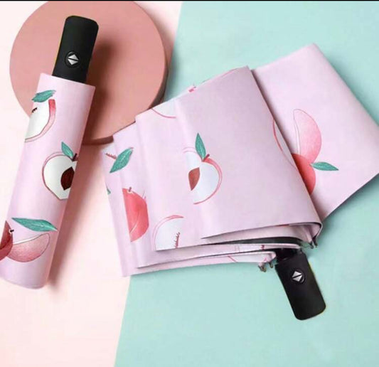 Fully Automatic One-Touch Open Peach Fruit Print Umbrella, 8K Sun Blocking Anti-UV Parasol, Cute Compact Folding Rainproof Umbrella, Suitable For Travel, Wedding Photography, Gift, Water Repellent
