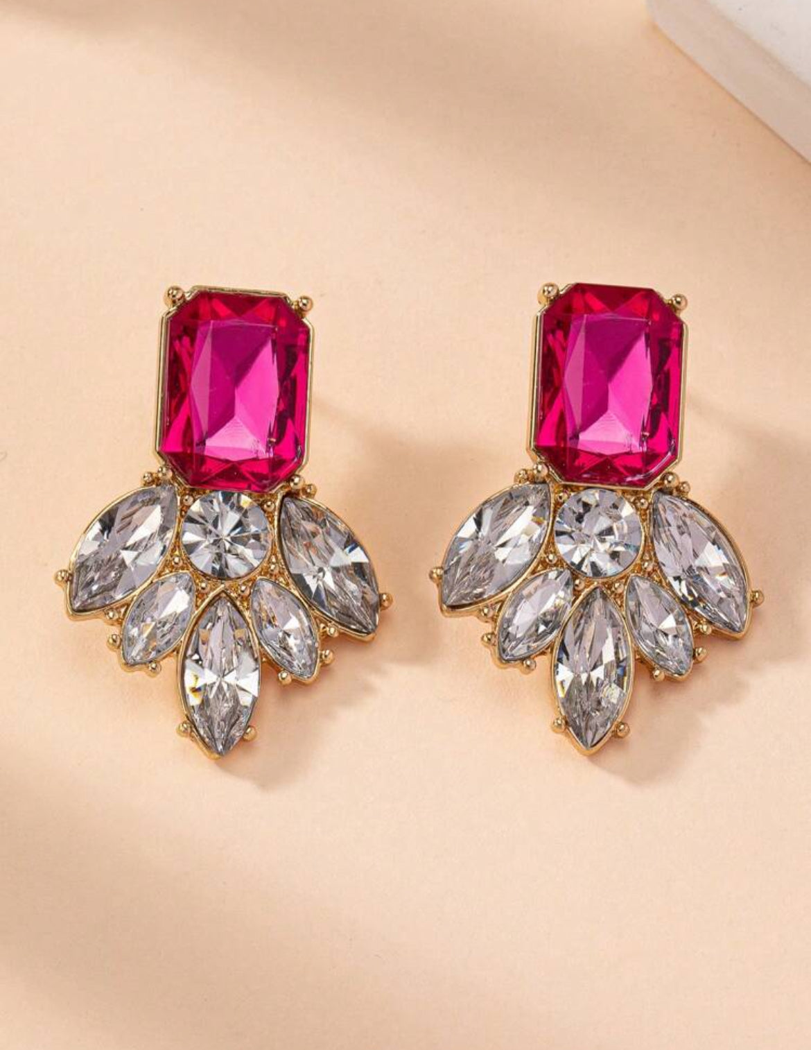 Fuchsia Gemstone Geometric Flower Elegant Earrings