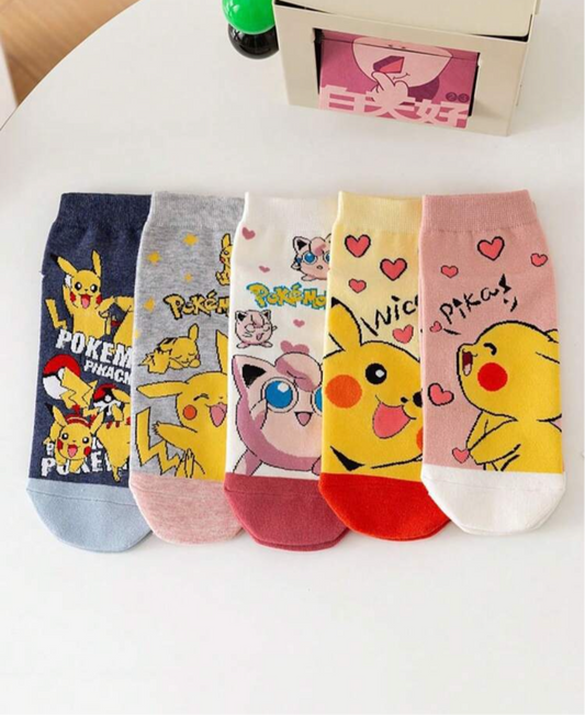 pokemon 5 Pairs Women's Pokemon Cartoon Cute Pikachu & Striped Breathable Ankle Socks, Suitable For Daily Wear
