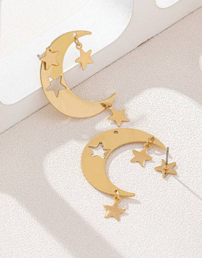 2pcs/Set Star Moon Alloy Hollow Crescent Pendant Five Star Women's Earrings