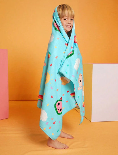 CoComelon Cartoon Character & Rainbow Patterned Kids Blue Bath Towel