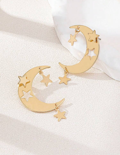 2pcs/Set Star Moon Alloy Hollow Crescent Pendant Five Star Women's Earrings