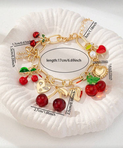 Handmade Golden Cherry Bow Heart Charm Bracelet, Chunky Chain Bracelets, Spring/Summer Jewelry