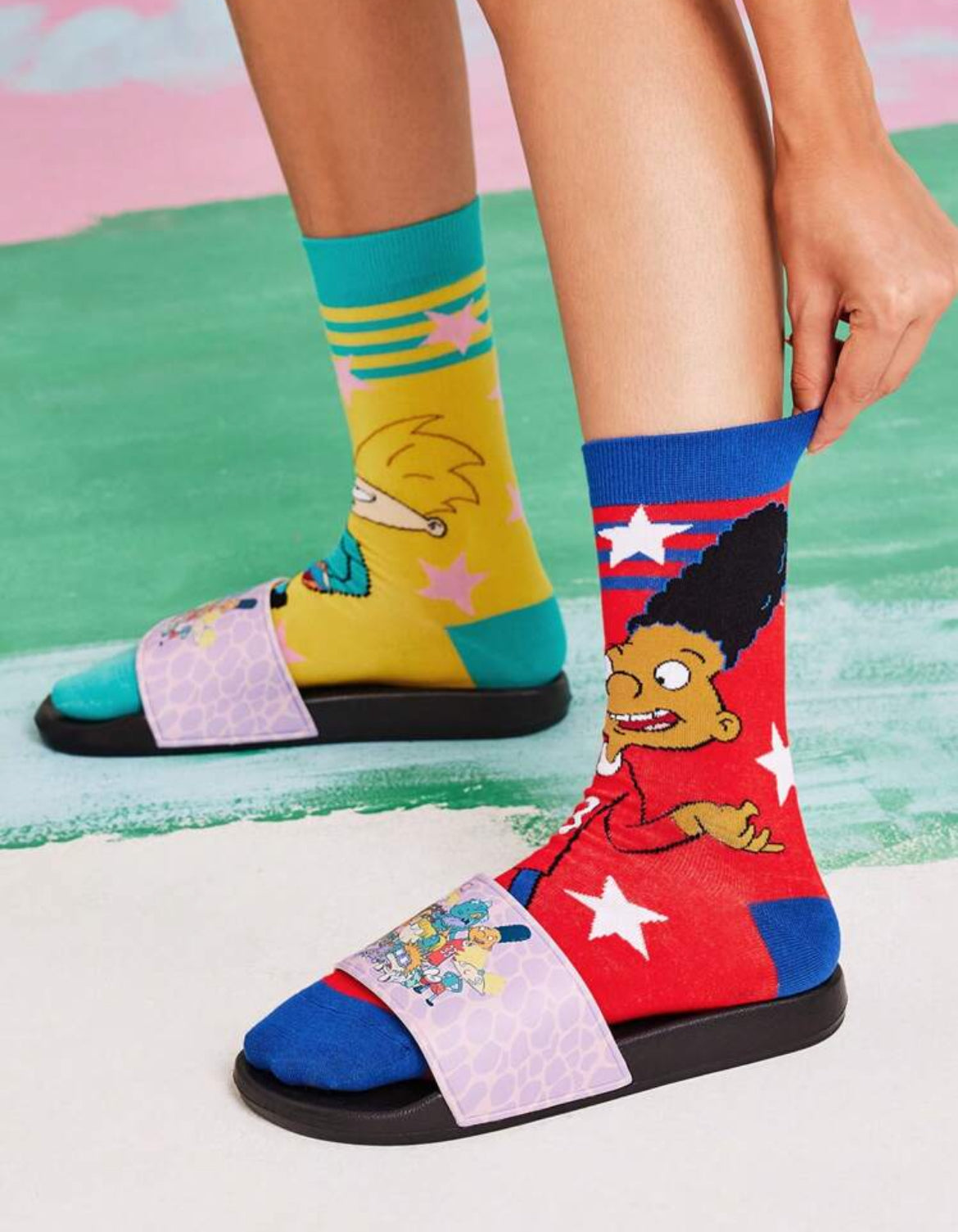 Nick 90s 2 pair Set 90s Asymmetrical Cartoon Graphic Crew Socks