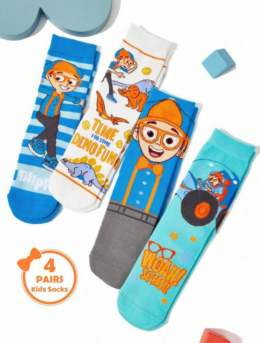 Blippi 4 Pairs Cotton Soft & Breathable Moisture-Wicking Kids Mid-Calf Socks Colorful Cute Cartoon Striped Pattern