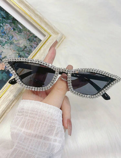 Multi-line White Rhinestone-Set Black Cat Eye Shaped Fashion Glasses