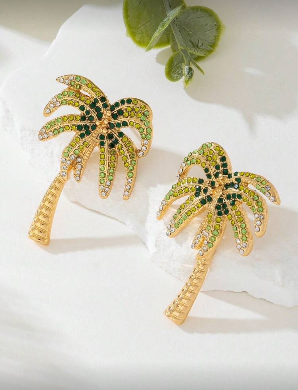 Creative Colorful Metal Rhinestone Palm Tree Style Earrings For Women, Suitable For Vacation