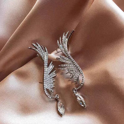 Wing Shaped Ear Cuff & Stud Earrings 2 Way Design, Rhinestone Paved, Silver Plating For Daily Wear For Women