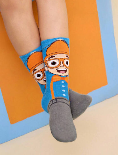 Blippi 4 Pairs Cotton Soft & Breathable Moisture-Wicking Kids Mid-Calf Socks Colorful Cute Cartoon Striped Pattern