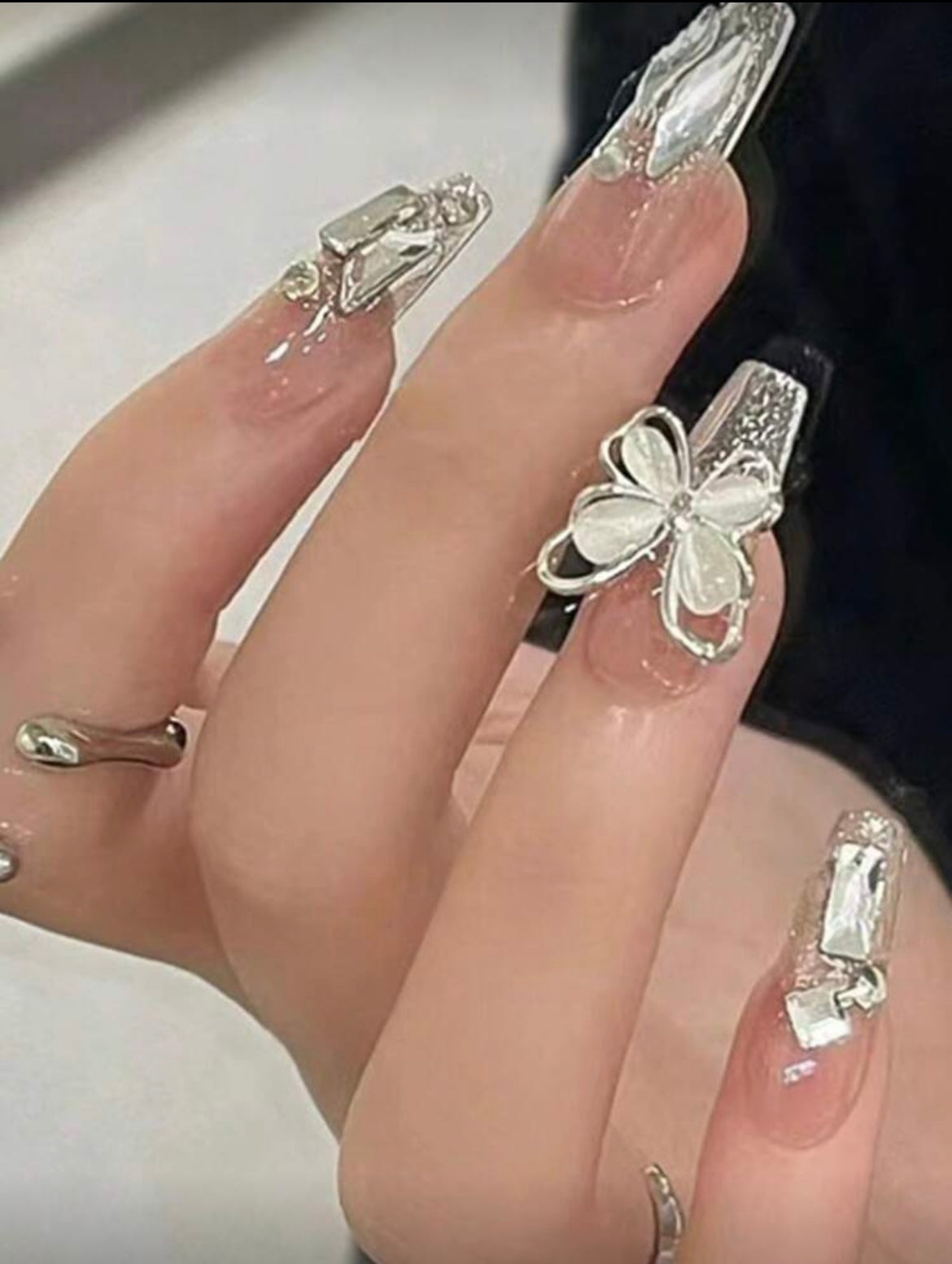 24pcs Long Coffin 3D Butterfly Rhinestone Decor Full Cover Fake Nail Kit Press On Nails