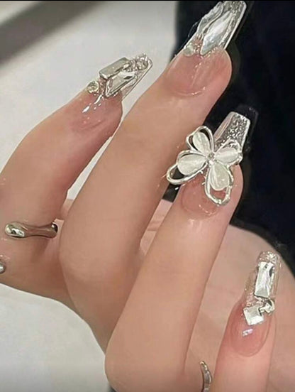 24pcs Long Coffin 3D Butterfly Rhinestone Decor Full Cover Fake Nail Kit Press On Nails