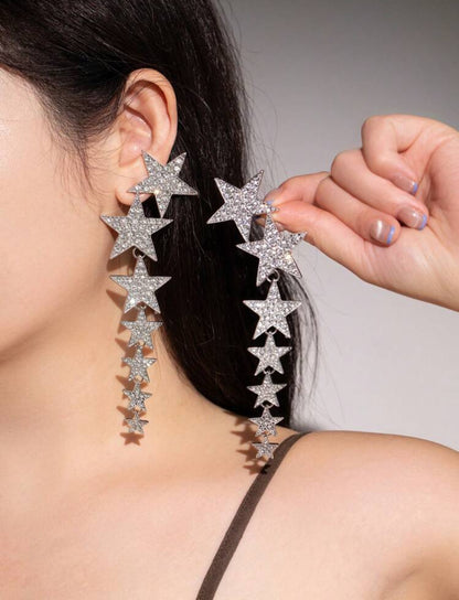 Crystal Studded Star Tassel Earrings, Suitable For Daily Wear