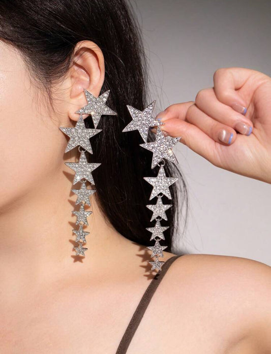 Crystal Studded Star Tassel Earrings, Suitable For Daily Wear
